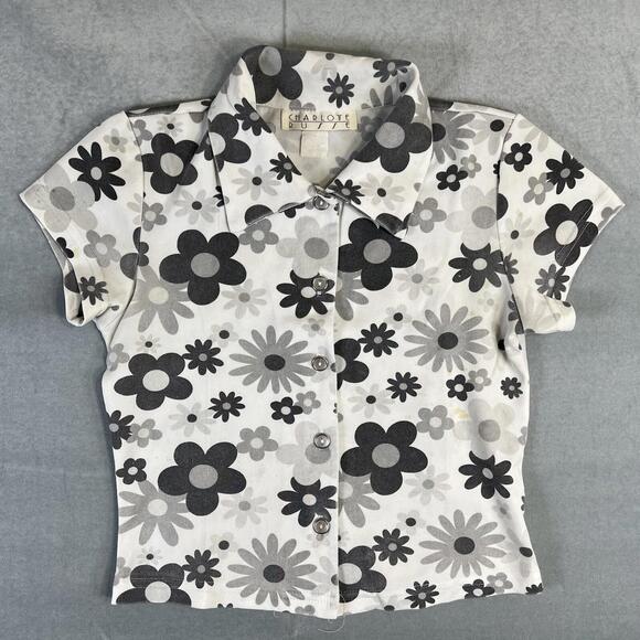 Charlotte Russe Tops - Vintage 90s Charlotte Russe Floral Button Up Top Womens XS* White Gray Collared